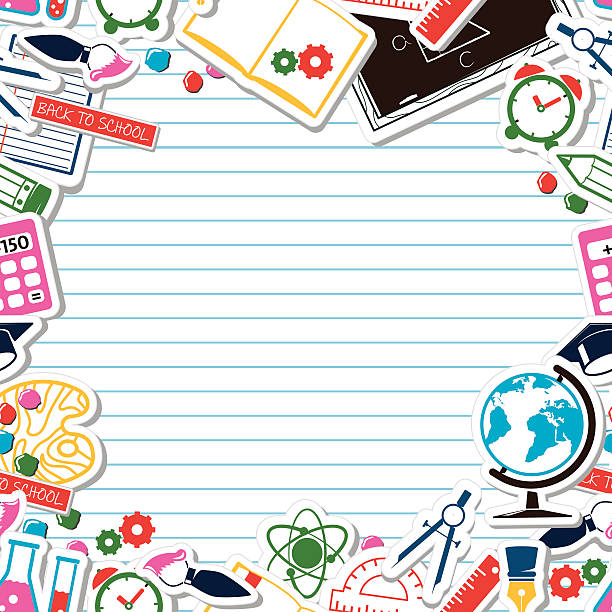 Lined Paper with frame Lined Paper Background - School theme. Colorful cartoon objects education borders stock illustrations