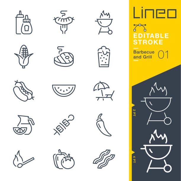 lineo editable stroke - ikony konturu grilla i grilla. - barbecue stock illustrations