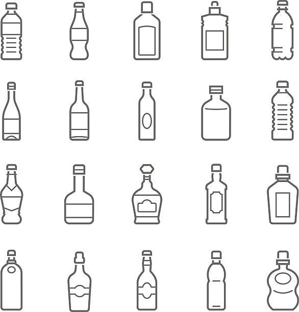 linien symbol-set-flasche und getränke - flasche stock-grafiken, -clipart, -cartoons und -symbole