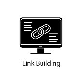 Link building glyph icon. SEO. Link sharing. Using hyperlink. Computer display. Silhouette symbol. Negative space. Vector isolated illustration