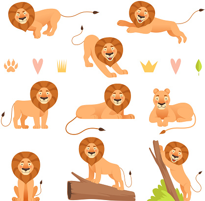 Lion cartoon. Wild running yellow fur animal king hunter safari cute lions pride vector characters collection