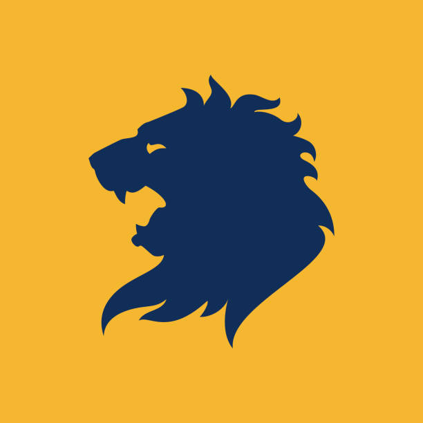 Lion head blue silhouette on yellow background vector illustration  royalty free commercial use drawing stock illustrations