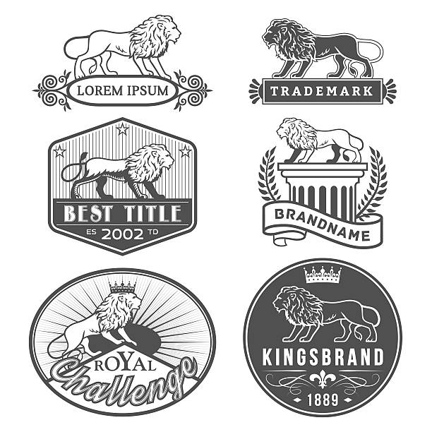Lion labels Set of vector labels with main lion design theme. Logo templates,badges,emblems,signs black graphic collection. Product promotion and advertising symbols isolated on white background animal's crest stock illustrations