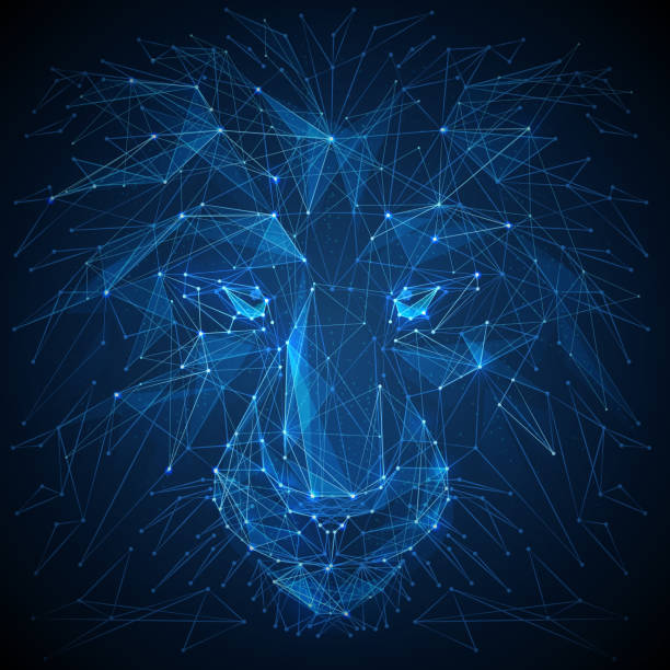 Lion low poly blue vector illustration Abstract vector image of lion. Lion's head Low poly wire frame illustration. Lines and dots. RGB Color mode. Wild animals concept. Polygonal art. lion face stock illustrations