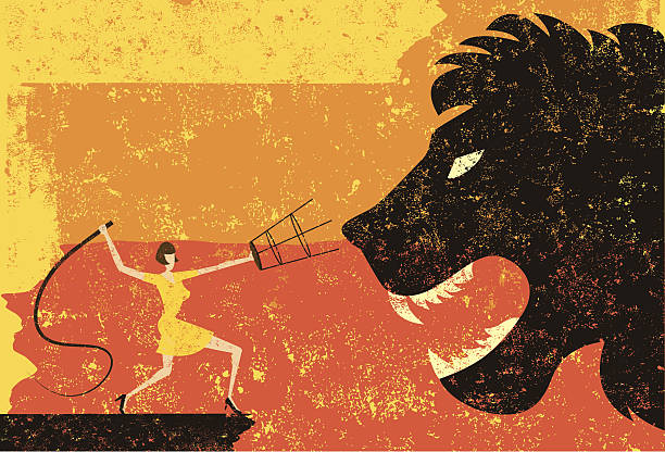 lion tamer A lion tamer cracking her whip at a large lion head over an abstract background. The lion tamer & lion are on a separate labeled layer from the background. courage stock illustrations