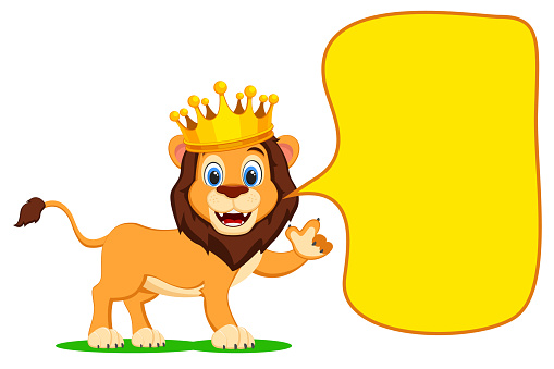 Lion with a crown on his head paw points to the place for your text on a white background.