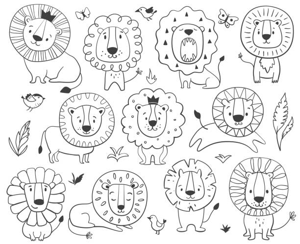 Lions children set. Lions children set. Kids coloring page. Hand drawn vector illustration. cute cat coloring pages stock illustrations