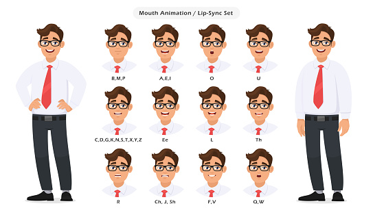 Lip sync collection and sound pronunciation for male character's talking/speaking animation. Set of the mouth animation pronouncing words for standing businessman poses in white background.