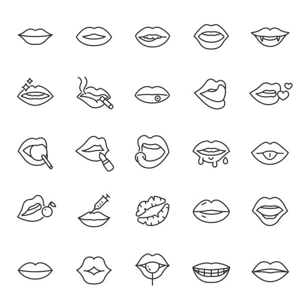 lippen, icon set. mund, lineare symbole. linie mit bearbeitbarem schlaganfall - lippen stock-grafiken, -clipart, -cartoons und -symbole