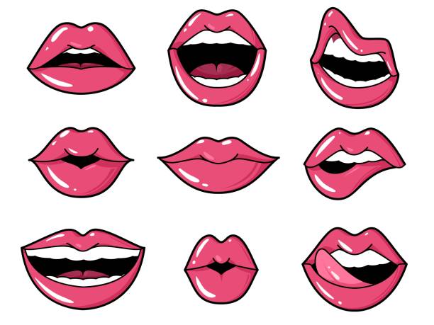 입술 패치. 팝 아트 섹시한 키스, 빨간 립스틱과 혀와 미소 여자 입. 복고풍의 만화 80 년대 스티커 벡터 세트 - 입 stock illustrations