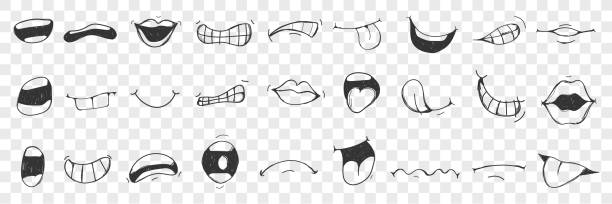 Lips, tongue, mouth hand drawn doodle set Lips, tongue, mouth doodle set. Collection of hand drawn human lips, open mouth, showing tongue with different emotions isolated on transparent background. Illustration of expressing sign with mouth human mouth stock illustrations