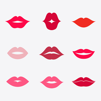Lips vector icon set. Different women's lips isolated from background. Red lips close up girls. Shape sending a kiss, kissing lips. Collection of women's mouths. Lips symbol.