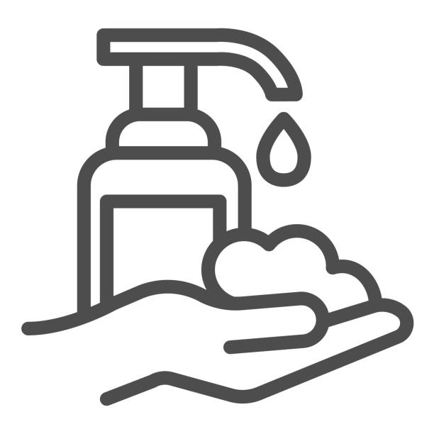 Liquid soap and washed hands line icon. Hand washing hygiene protection outline style pictogram on white background. Wash prevention virus for mobile concept and web design. Vector graphics. Liquid soap and washed hands line icon. Hand washing hygiene protection outline style pictogram on white background. Wash prevention virus for mobile concept and web design. Vector graphics human body part stock illustrations