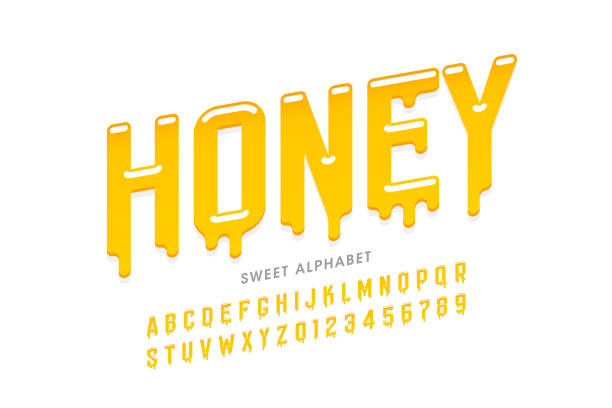 stockillustraties, clipart, cartoons en iconen met vloeibare zoete honing lettertype - eetklaar