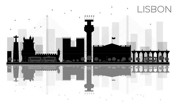 ilustrações de stock, clip art, desenhos animados e ícones de lisbon city skyline black and white silhouette with reflections. - taxi lisboa