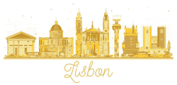 ilustrações de stock, clip art, desenhos animados e ícones de lisbon city skyline golden silhouette. - taxi lisboa