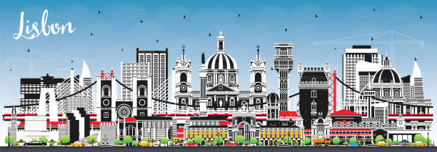 ilustrações de stock, clip art, desenhos animados e ícones de lisbon portugal city skyline with color buildings and blue sky. - taxi lisboa