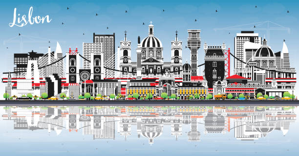 ilustrações de stock, clip art, desenhos animados e ícones de lisbon portugal city skyline with color buildings, blue sky and reflections. - taxi lisboa