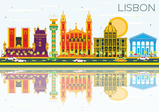 ilustrações de stock, clip art, desenhos animados e ícones de lisbon skyline with color buildings, blue sky and reflections. - taxi lisboa