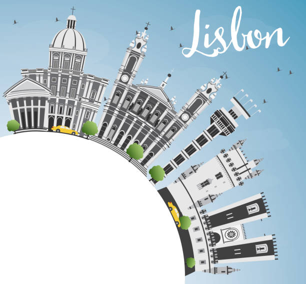 ilustrações de stock, clip art, desenhos animados e ícones de lisbon skyline with gray buildings, blue sky and copy space. - taxi lisboa