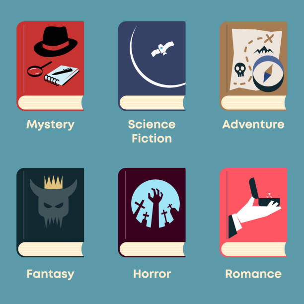 List of fiction genres. Set of books with themed covers: mystery, science fiction, adventure, fantasy, horror, romance. romance book cover stock illustrations