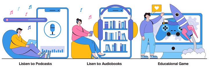 Listen to Podcasts and Audiobooks, Educational Game Illustrated Pack