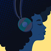 trendy design stylized portrait of a young girl listening to music in big headphones