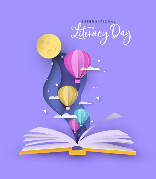 Literacy Day open book papercut hot air balloon International Literacy Day greeting card illustration of open book with cute paper hot air balloons in modern papercut style. Children education or reading imagination concept for learning event. imagination stock illustrations