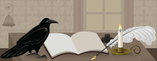 Literary Header: A Raven in the Study by an Open Book vector art illustration