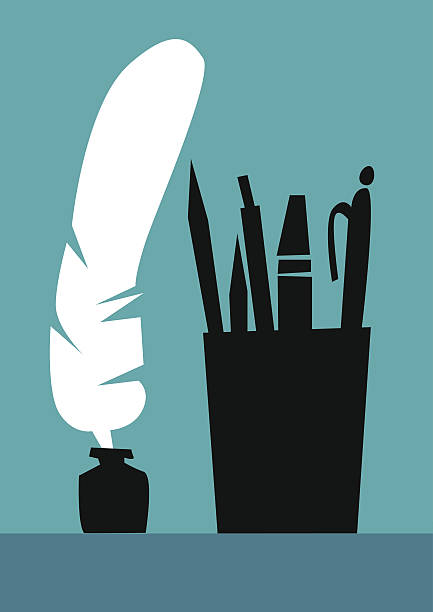 Literature, silhouette pen, pencil, pen and marker. Legend of the subject of literature and language. Writing utensils and wisdom. Teaching poetry and narrative. Professional writer or poet. Evolution of writing from the ink and pen.  writing activity silhouettes stock illustrations
