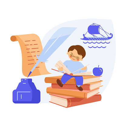 Literature study concept. The boy sits on a stack of books, reads. Vector illustration.