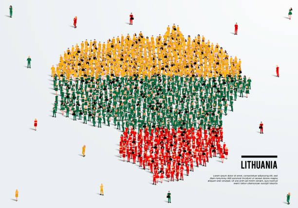 Lithuania Map and Flag. A large group of people in the Lithuania flag color form to create the map. Vector Illustration. vector art illustration