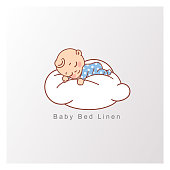 Pillow and blanket for child. Template for logotype for healthy sleep, baby bed clothes, linen. Color vector illustration.
