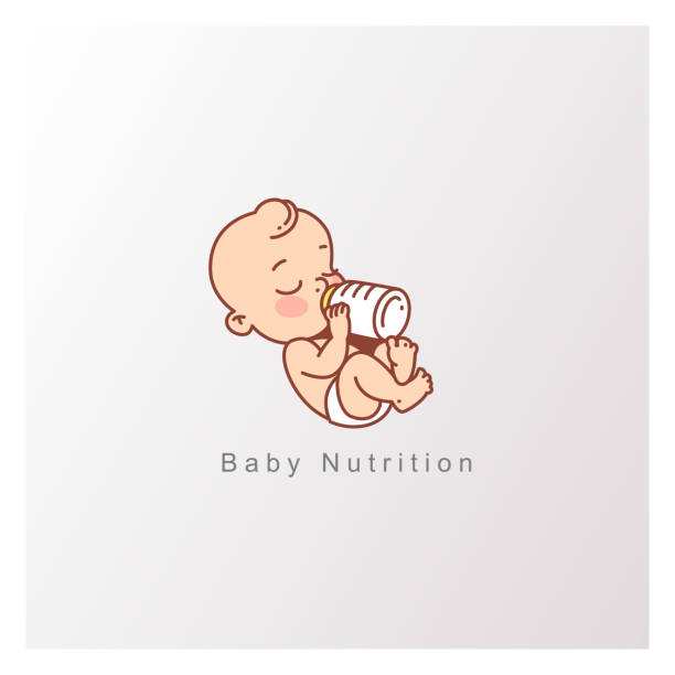 mały chłopiec w pieluszkowym piciu mleka lub formuły. - baby formula stock illustrations