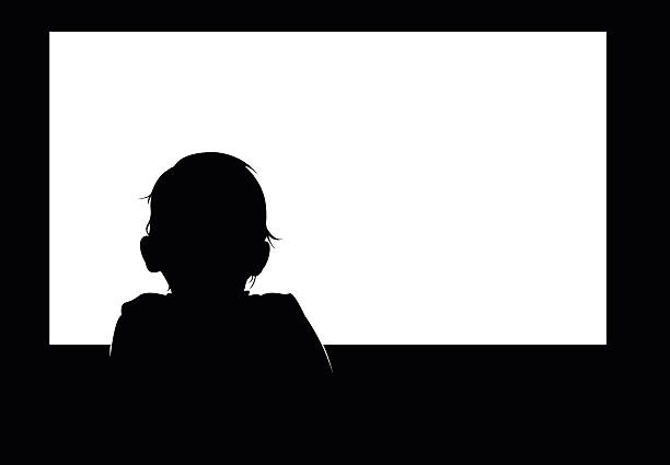 Little baby boy watching blank white television screen. Little baby boy watching blank white television screen. Easy editable layered vector illustration. window silhouettes stock illustrations