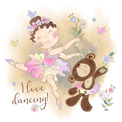 Little ballerina girl dancing with a bear. I love dancing. Inscription. Vector.