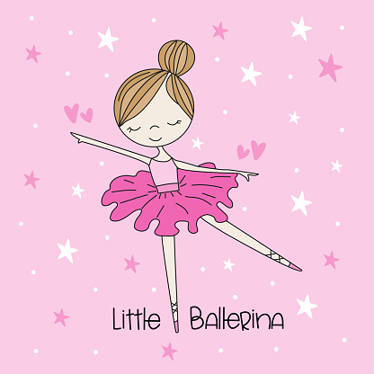 Little Ballerina  - hand drawn ballerina girl vector graphic. Isolated on pink backgound.