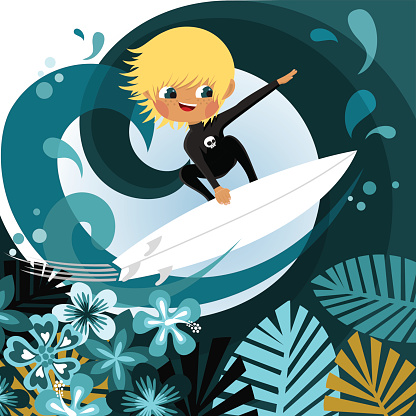 Little blonde surfer. Surfing. Beach boy
