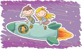 Little boy and girl travel by spaceship, in colourful cartoon style
