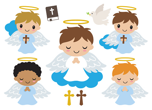 Little Boy Baptism Angels Praying and Holding Cross Vector Illustration.