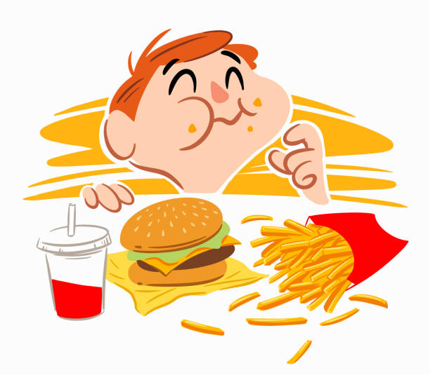 illustrations, cliparts, dessins animés et icônes de un petit garçon mangeant la restauration rapide heureusement - eating burger