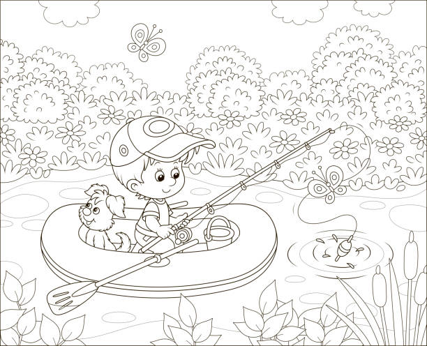 ilustrações de stock, clip art, desenhos animados e ícones de little boy fisherman in his inflatable boat - chalana