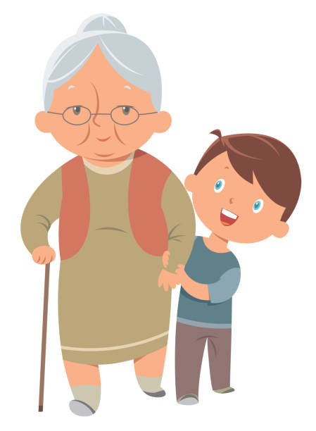 ilustrações de stock, clip art, desenhos animados e ícones de little boy helps the grandmother - grandparents vertical