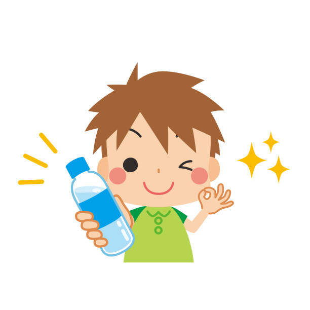 маленький мальчик, держащий пластиковую бутылку питьевой воды - july 4 stock illustrations