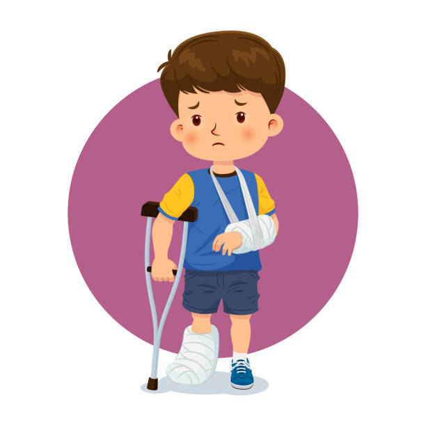 Little boy injured a broken arm and leg Little boy injured a broken arm and leg, had to be cast, and used on crutches. Vector illustration pain clipart stock illustrations