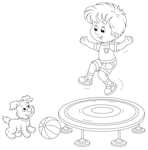 Little boy jumping on a trampoline Happy kid leaping on a toy springboard on a playground, a small cute pup looking at him, black and white outline vector cartoon illustration for a coloring book page clip art of kid jumping on trampoline stock illustrations
