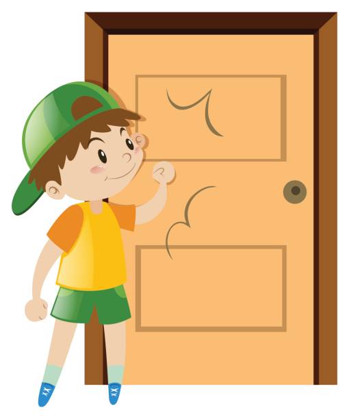 Little boy knocking on the door Little boy knocking on the door illustration door clipart stock illustrations