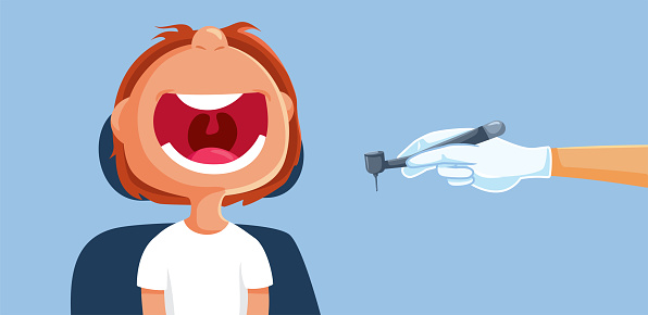 Little Boy Opening Big Mouth at the Dentist Vector Funny Cartoon Illustration