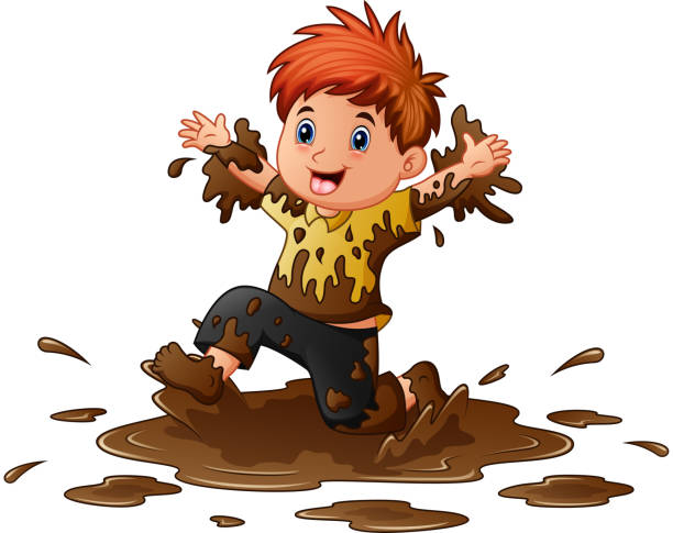 маленький мальчик, играющий в грязи - cartoon of the dirty blonde hair stoc...