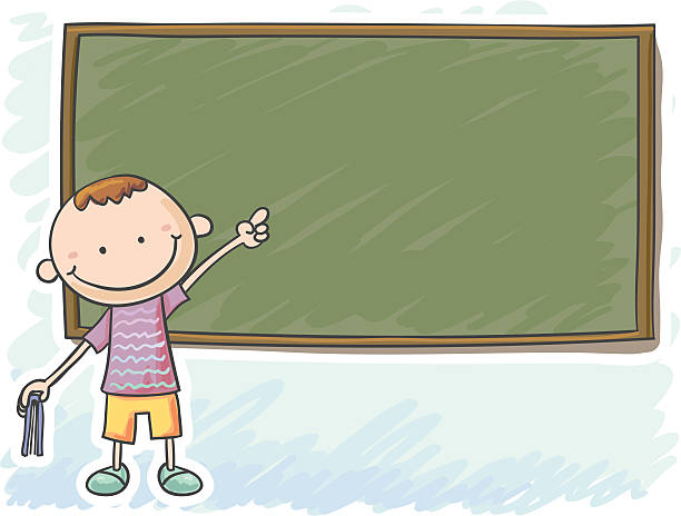 Little boy standing in front of the blackboard Little boy standing in front of the blackboard in cartoon style, with colour drawing of a cute little anime boy stock illustrations